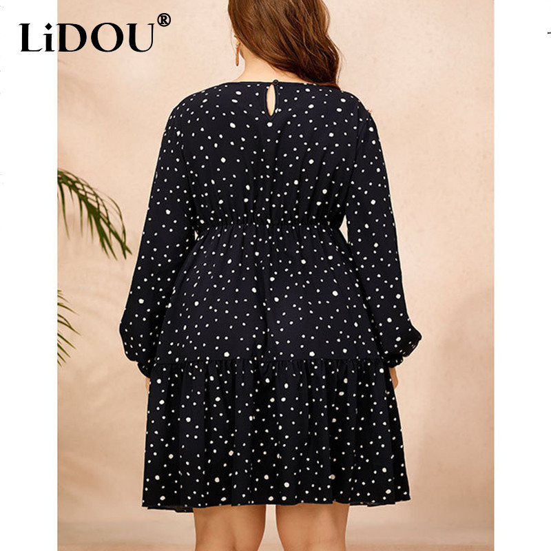 Pavasara rudens lielizmēra kleita ar punktveida apdruku, sieviešu kleita ar garām piedurknēm, brīva ikdienas lielizmēra seksīga sieviešu apģērbi Vestidos De Fiesta