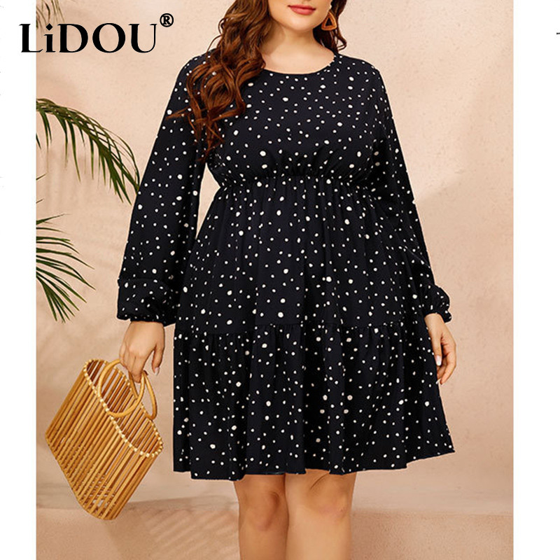 Pavasara rudens lielizmēra kleita ar punktveida apdruku, sieviešu kleita ar garām piedurknēm, brīva ikdienas lielizmēra seksīga sieviešu apģērbi Vestidos De Fiesta
