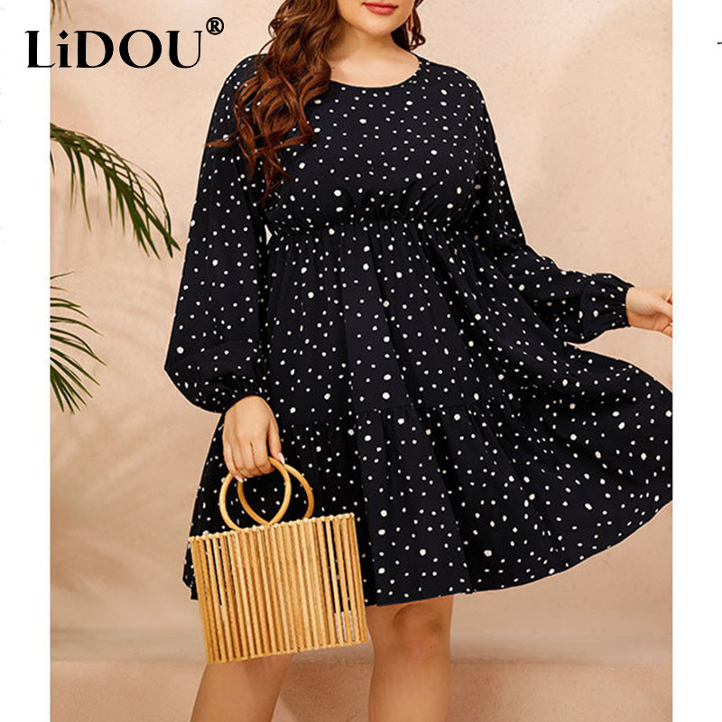 Pavasara rudens lielizmēra kleita ar punktveida apdruku, sieviešu kleita ar garām piedurknēm, brīva ikdienas lielizmēra seksīga sieviešu apģērbi Vestidos De Fiesta