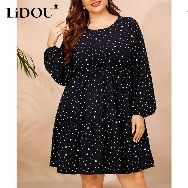 Pavasara rudens lielizmēra kleita ar punktveida apdruku, sieviešu kleita ar garām piedurknēm, brīva ikdienas lielizmēra seksīga sieviešu apģērbi Vestidos De Fiesta
