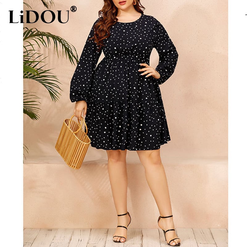 Pavasara rudens lielizmēra kleita ar punktveida apdruku, sieviešu kleita ar garām piedurknēm, brīva ikdienas lielizmēra seksīga sieviešu apģērbi Vestidos De Fiesta