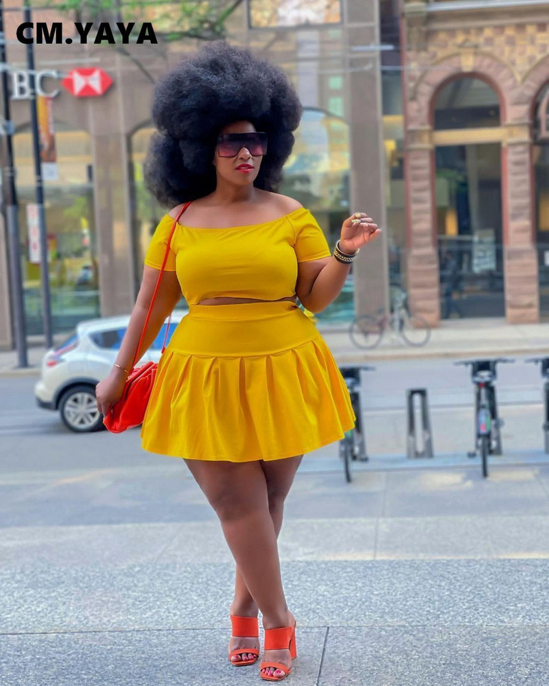 CM.YAYA lielizmēra, divi, 2 daļīgs komplekts ar slaidu kakla izgriezumu ar īsām piedurknēm + mini kroku svārku komplekts, seksīgs ikdienas tērpu komplekts 2021. gada vasara