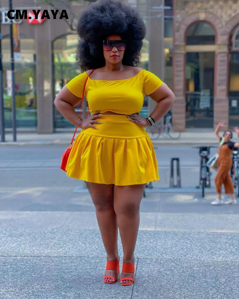 CM.YAYA lielizmēra, divi, 2 daļīgs komplekts ar slaidu kakla izgriezumu ar īsām piedurknēm + mini kroku svārku komplekts, seksīgs ikdienas tērpu komplekts 2021. gada vasara