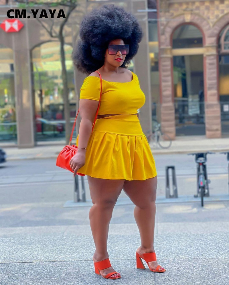 CM.YAYA lielizmēra, divi, 2 daļīgs komplekts ar slaidu kakla izgriezumu ar īsām piedurknēm + mini kroku svārku komplekts, seksīgs ikdienas tērpu komplekts 2021. gada vasara