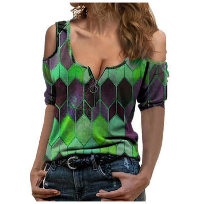 Sieviešu lielizmēra blūze ar rāvējslēdzēju, rūtains krekls ar V veida kakla izgriezumu ar īsām piedurknēm Femme Camisetas 3xl A20