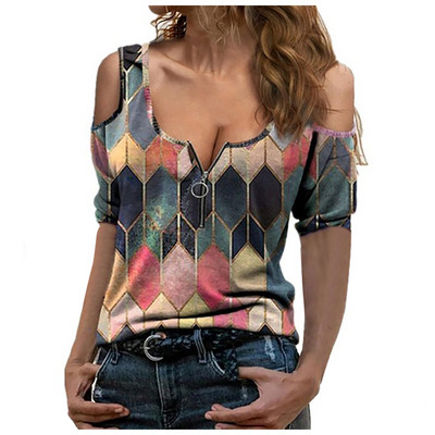 Sieviešu lielizmēra blūze ar rāvējslēdzēju, rūtains krekls ar V veida kakla izgriezumu ar īsām piedurknēm Femme Camisetas 3xl A20