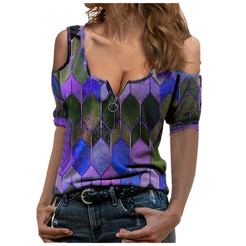 Sieviešu lielizmēra blūze ar rāvējslēdzēju, rūtains krekls ar V veida kakla izgriezumu ar īsām piedurknēm Femme Camisetas 3xl A20