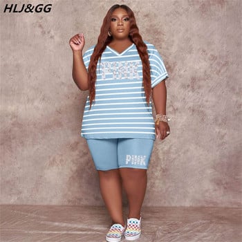 HLJ&GG Casual ριγέ Χαλαρά Plus Size Σετ δύο τεμαχίων Γυναικεία μπλουζάκι με τύπωμα ροζ γράμματος σε λαιμόκοψη + σορτς μόδας 2 τμχ Streetwear 2022