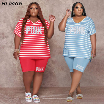 HLJ&GG Casual ριγέ Χαλαρά Plus Size Σετ δύο τεμαχίων Γυναικεία μπλουζάκι με τύπωμα ροζ γράμματος σε λαιμόκοψη + σορτς μόδας 2 τμχ Streetwear 2022