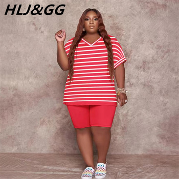 HLJ&GG Casual ριγέ Χαλαρά Plus Size Σετ δύο τεμαχίων Γυναικεία μπλουζάκι με τύπωμα ροζ γράμματος σε λαιμόκοψη + σορτς μόδας 2 τμχ Streetwear 2022