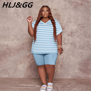 HLJ&GG Casual ριγέ Χαλαρά Plus Size Σετ δύο τεμαχίων Γυναικεία μπλουζάκι με τύπωμα ροζ γράμματος σε λαιμόκοψη + σορτς μόδας 2 τμχ Streetwear 2022