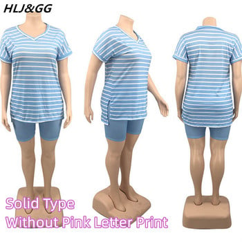 HLJ&GG Casual ριγέ Χαλαρά Plus Size Σετ δύο τεμαχίων Γυναικεία μπλουζάκι με τύπωμα ροζ γράμματος σε λαιμόκοψη + σορτς μόδας 2 τμχ Streetwear 2022