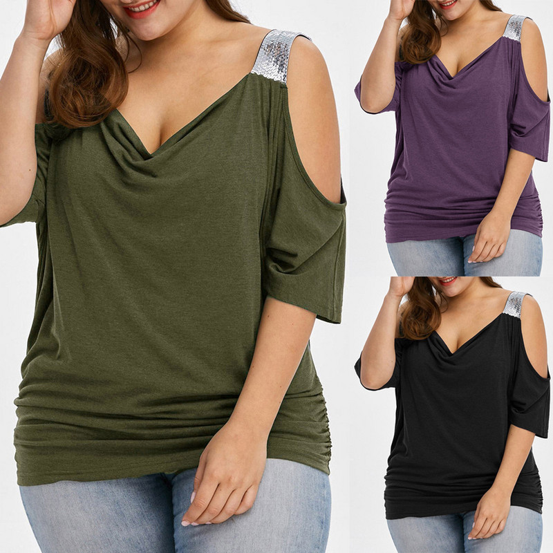 Seksīgi auksti plecu T-krekli Sieviešu lielizmēra 5XL T-krekli ar V kakla izgriezumu ar īsām piedurknēm Sieviešu brīvs t-krekls, kas nav piemērots pleciem, ikdienas topi 2