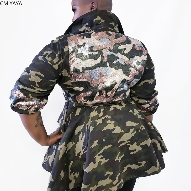 Jaunas rudens ziemas sieviešu modes kamuflāžas apdrukas mētelis ar nolaižamu apkakli ar pilnām piedurknēm īsu mēteļu jakas Liela izmēra XL-5XL