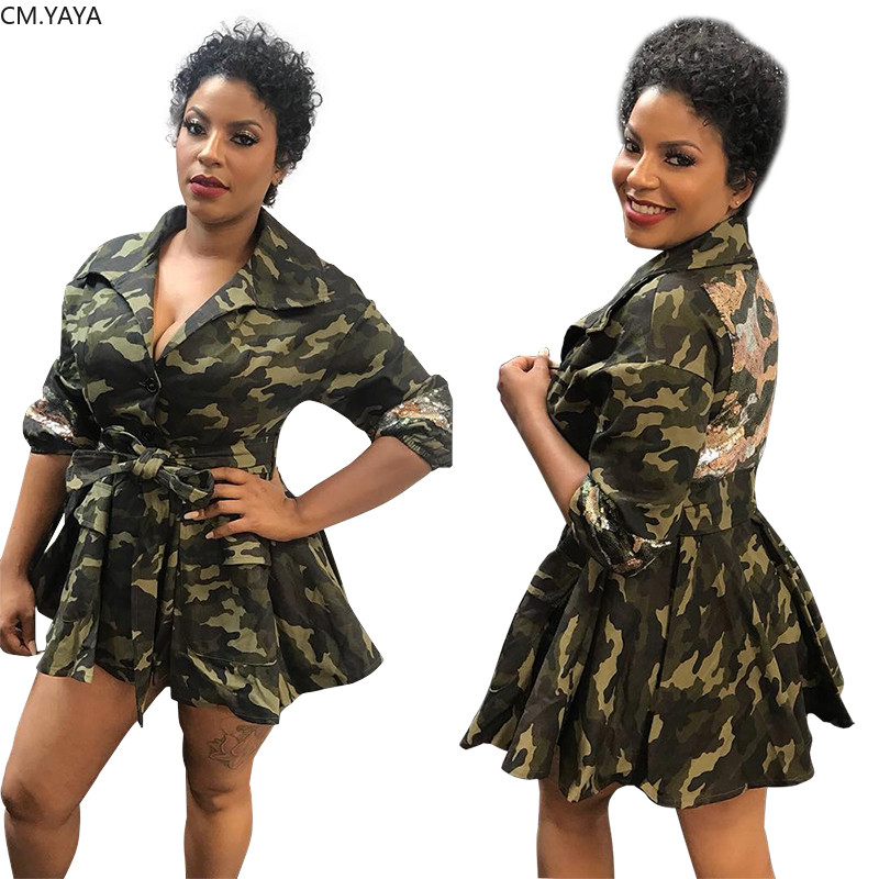 Jaunas rudens ziemas sieviešu modes kamuflāžas apdrukas mētelis ar nolaižamu apkakli ar pilnām piedurknēm īsu mēteļu jakas Liela izmēra XL-5XL