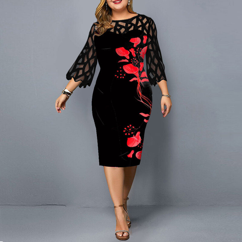 Pavasaris un vasara lielizmēra modes ielas mežģīnes, trikotāžas ar trīs ceturtdaļu piedurknēm, digitālu ziedu apdruku savienojuma soma, gurnu midi kleita sievietēm