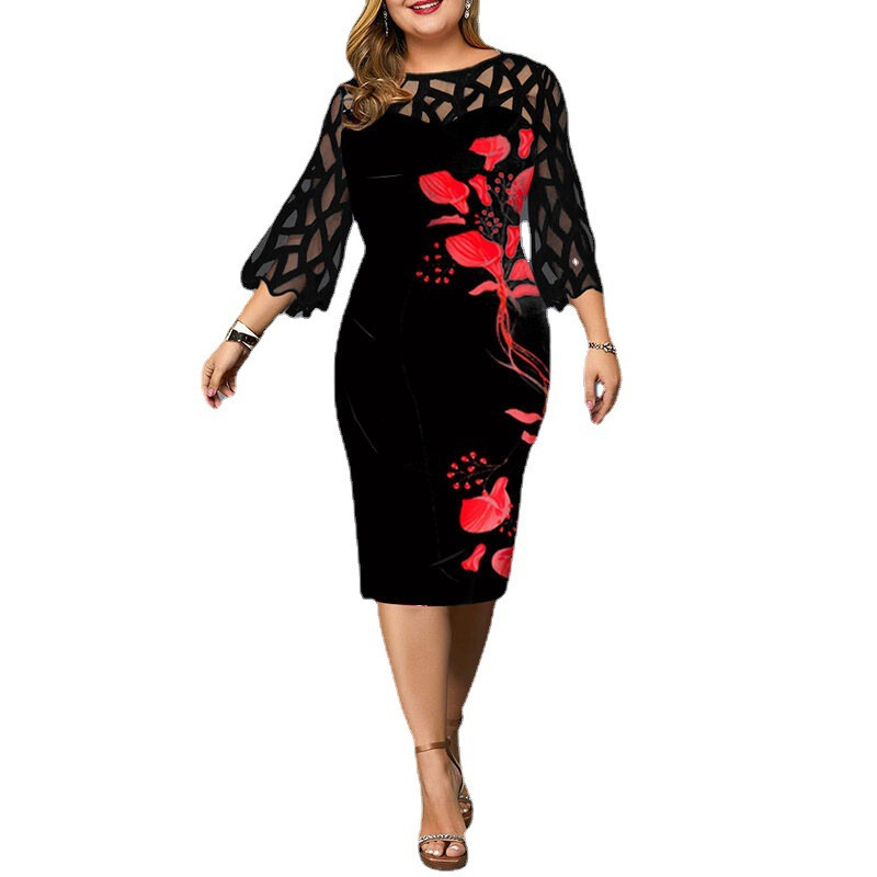 Pavasaris un vasara lielizmēra modes ielas mežģīnes, trikotāžas ar trīs ceturtdaļu piedurknēm, digitālu ziedu apdruku savienojuma soma, gurnu midi kleita sievietēm