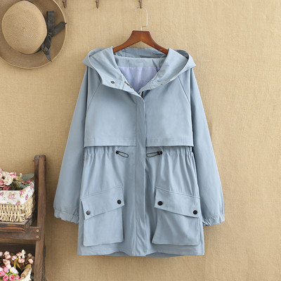 Liela izmēra sieviešu mētelis pavasara uzvalks Valkājiet cepures apkakli, vidēja garuma jaka vienkrāsainā krāsā ar kabatas apdari līdz 220 mārciņām