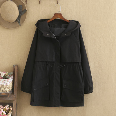 Liela izmēra sieviešu mētelis pavasara uzvalks Valkājiet cepures apkakli, vidēja garuma jaka vienkrāsainā krāsā ar kabatas apdari līdz 220 mārciņām