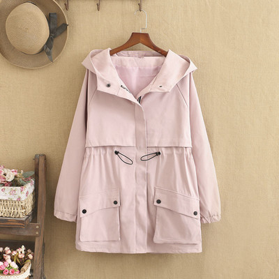 Liela izmēra sieviešu mētelis pavasara uzvalks Valkājiet cepures apkakli, vidēja garuma jaka vienkrāsainā krāsā ar kabatas apdari līdz 220 mārciņām