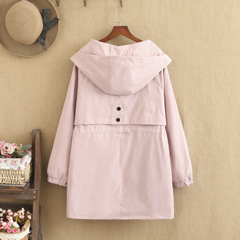 Liela izmēra sieviešu mētelis pavasara uzvalks Valkājiet cepures apkakli, vidēja garuma jaka vienkrāsainā krāsā ar kabatas apdari līdz 220 mārciņām