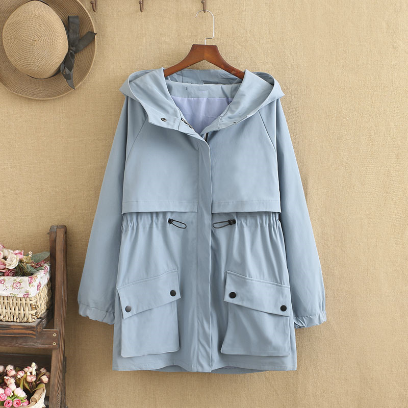 Liela izmēra sieviešu mētelis pavasara uzvalks Valkājiet cepures apkakli, vidēja garuma jaka vienkrāsainā krāsā ar kabatas apdari līdz 220 mārciņām