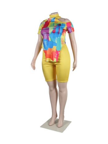 ZJFZML ZZ Plus Size Γυναικεία Ρούχα Δύο Τεμάχια Κοντά σετ Graphic print Κοντό μανίκι σπαστό πουλόβερ και ψηλόμεσο σορτς ποδηλάτου