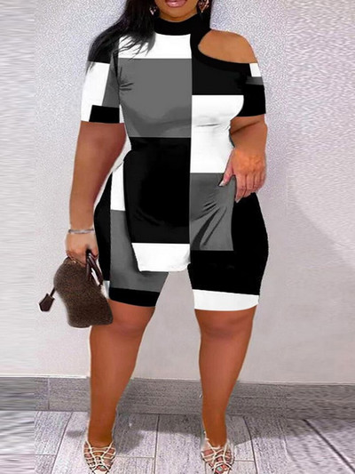 ZJFZML ZZ Liela izmēra sieviešu apģērbi Divdaļīgi īsi komplekti ar grafisku apdruku ar īsām piedurknēm, džemperis un bikeršorti ar augstu vidukli