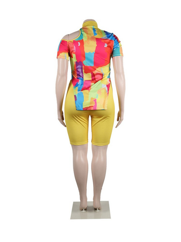 ZJFZML ZZ Liela izmēra sieviešu apģērbi Divdaļīgi īsi komplekti ar grafisku apdruku ar īsām piedurknēm, džemperis un bikeršorti ar augstu vidukli