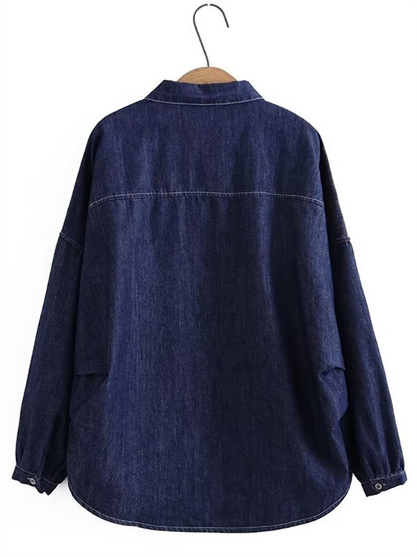 Liela izmēra sieviešu džinsa krekls ar garām piedurknēm atloks Vienkrāsains džinsa blūze priekšpuse krūtīs, brīvs liela izmēra krekls pavasarī
