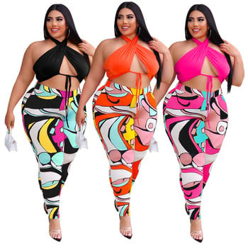 5xl Καλοκαιρινά ρούχα Sexy Lace Up Top Print Φούτερ Hollow Out Plus Size Two Piece Σετ Γυναικεία Ρούχα Χονδρική Dropshipping