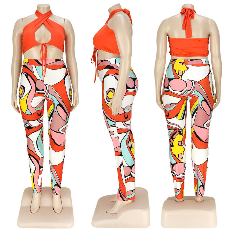 5xl-es nyári ruhák Szexi, fűzős felső, mintás melegítőnadrágok, nagy méretű, kétrészes készletek Női ruházati nagykereskedelem dropshipping