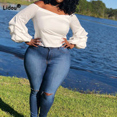 Vispārpiemērots balts lielizmēra T-krekls Pavasaris Vasara Sexy One Word Apkakle ar kroku garām piedurknēm Slim Top Anglijas sieviešu apģērbi