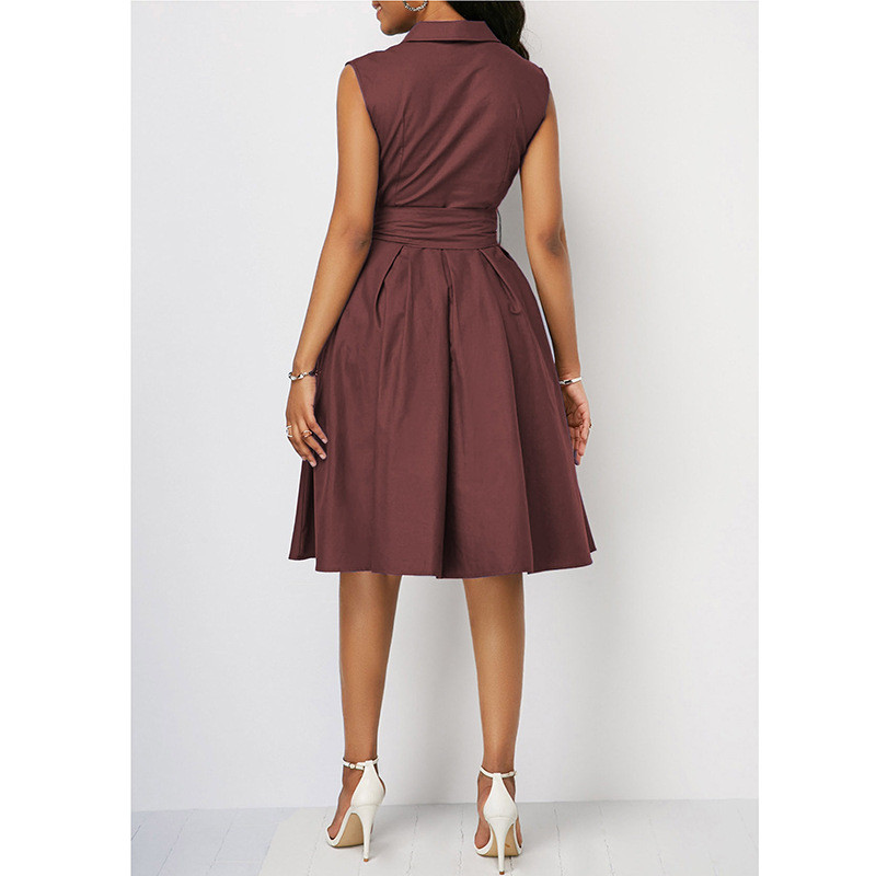 Haine de vară pentru femei, cu decolteu polo, cu șireturi solide, fustă în formă de A, la modă, buzunare cu îmbinare, fără mâneci, talie înaltă, rochie midi de dimensiuni mari