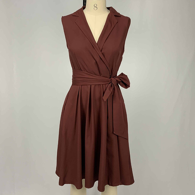 Haine de vară pentru femei, cu decolteu polo, cu șireturi solide, fustă în formă de A, la modă, buzunare cu îmbinare, fără mâneci, talie înaltă, rochie midi de dimensiuni mari