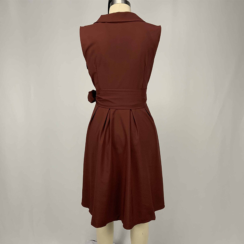 Haine de vară pentru femei, cu decolteu polo, cu șireturi solide, fustă în formă de A, la modă, buzunare cu îmbinare, fără mâneci, talie înaltă, rochie midi de dimensiuni mari