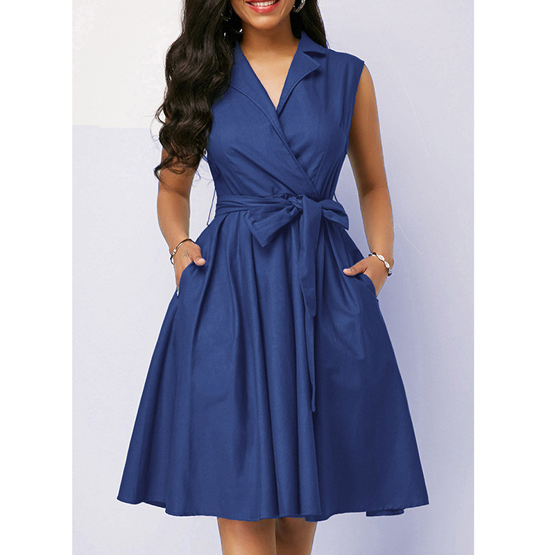 Haine de vară pentru femei, cu decolteu polo, cu șireturi solide, fustă în formă de A, la modă, buzunare cu îmbinare, fără mâneci, talie înaltă, rochie midi de dimensiuni mari