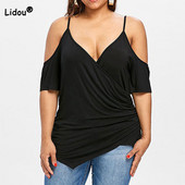 Suures suuruses naisterõivad, õlgadeta sviitrid, suvised vabaaja sügava V-kaelusega ühevärvilised lühikeste varrukatega ebaregulaarne T-särk