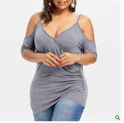 Suures suuruses naisterõivad, õlgadeta sviitrid, suvised vabaaja sügava V-kaelusega ühevärvilised lühikeste varrukatega ebaregulaarne T-särk