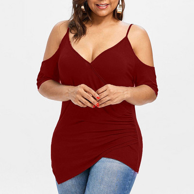 Suures suuruses naisterõivad, õlgadeta sviitrid, suvised vabaaja sügava V-kaelusega ühevärvilised lühikeste varrukatega ebaregulaarne T-särk