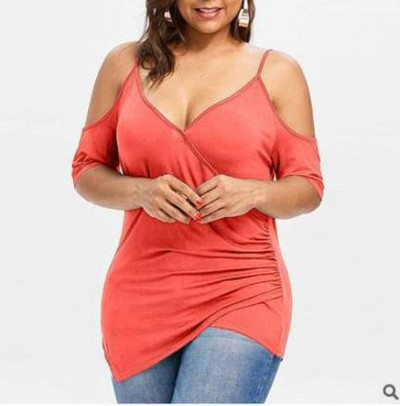 Suures suuruses naisterõivad, õlgadeta sviitrid, suvised vabaaja sügava V-kaelusega ühevärvilised lühikeste varrukatega ebaregulaarne T-särk