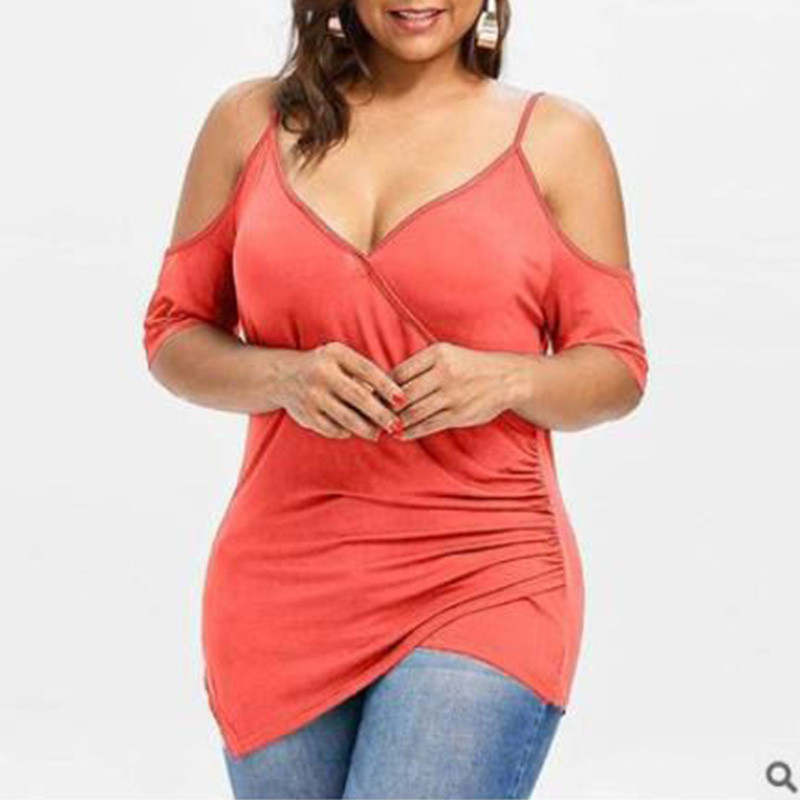 Suures suuruses naisterõivad, õlgadeta sviitrid, suvised vabaaja sügava V-kaelusega ühevärvilised lühikeste varrukatega ebaregulaarne T-särk