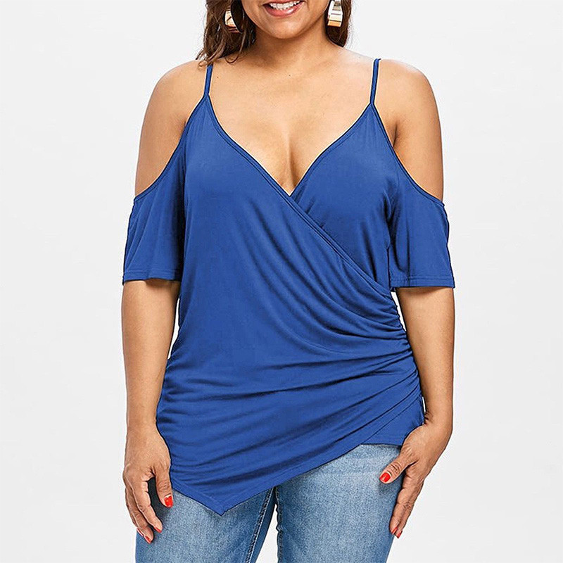 Suures suuruses naisterõivad, õlgadeta sviitrid, suvised vabaaja sügava V-kaelusega ühevärvilised lühikeste varrukatega ebaregulaarne T-särk