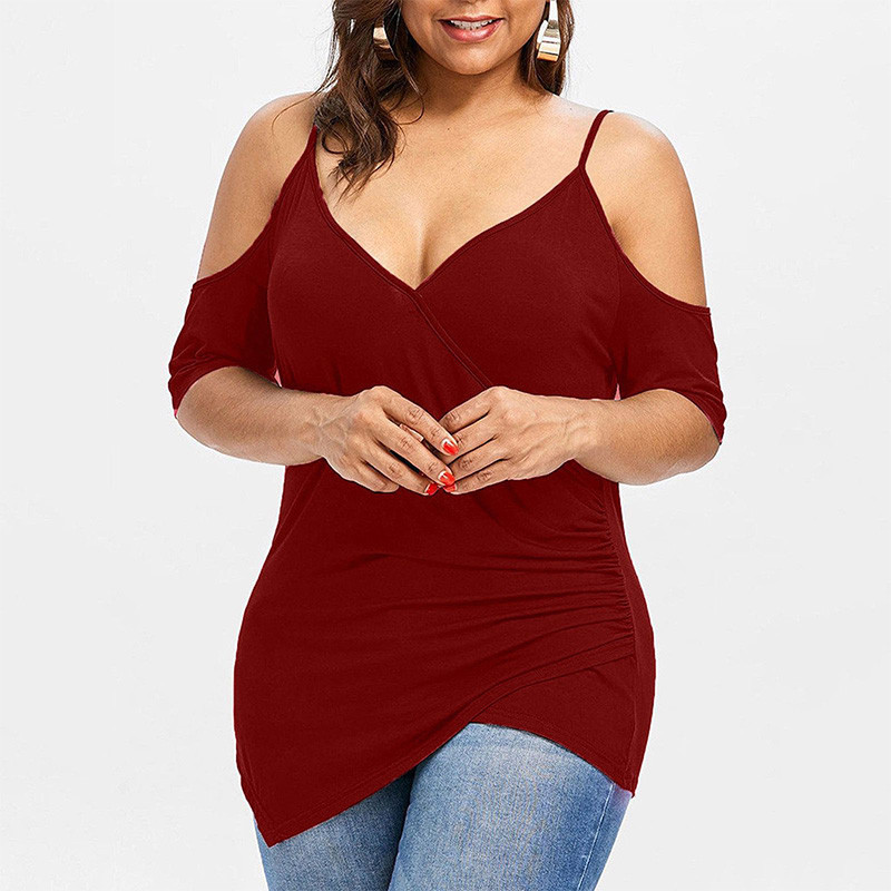 Suures suuruses naisterõivad, õlgadeta sviitrid, suvised vabaaja sügava V-kaelusega ühevärvilised lühikeste varrukatega ebaregulaarne T-särk