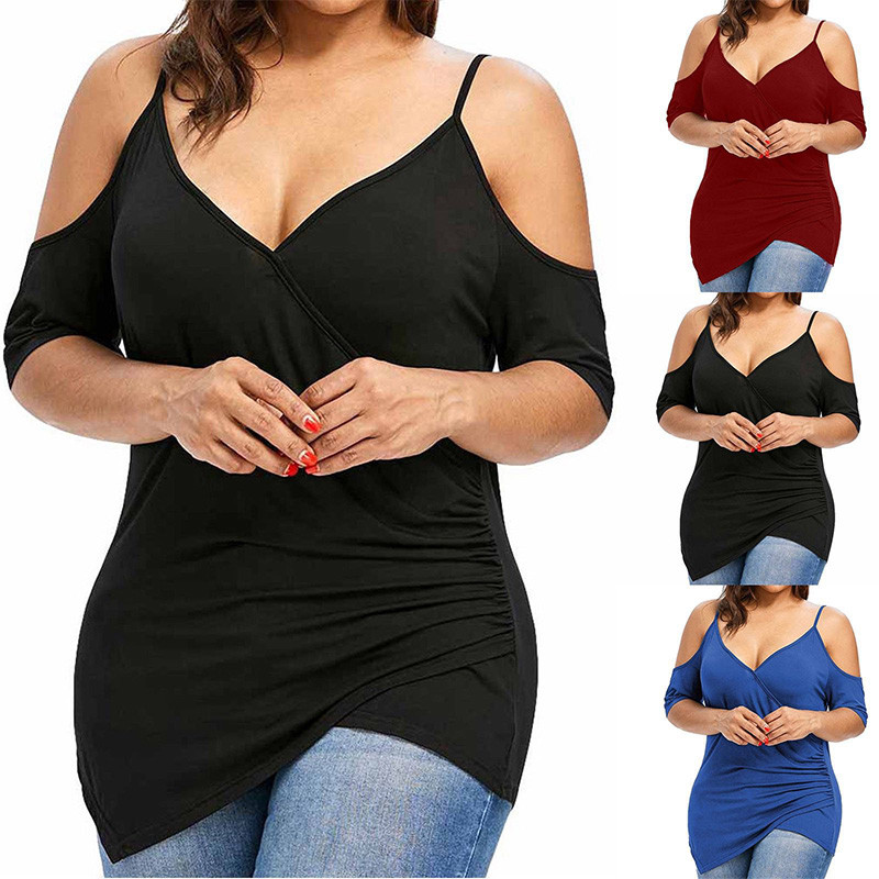 Suures suuruses naisterõivad, õlgadeta sviitrid, suvised vabaaja sügava V-kaelusega ühevärvilised lühikeste varrukatega ebaregulaarne T-särk