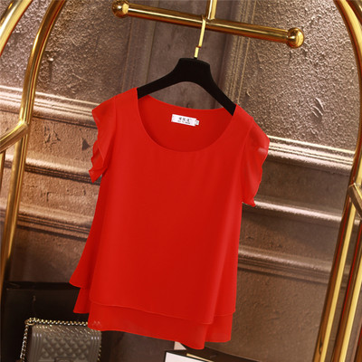 Modes zīmols Sieviešu blūze ar īsām piedurknēm Vasaras šifona krekli Caurspīdīga O veida kakla gadījuma blūze Liela izmēra 6XL Brīvi sieviešu topi