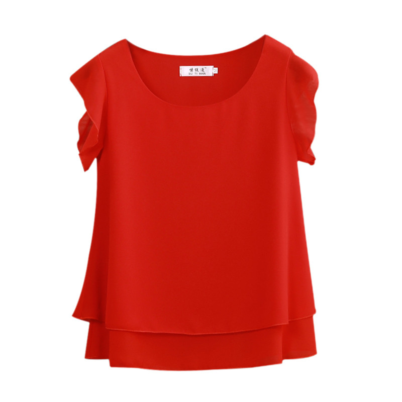 Modes zīmols Sieviešu blūze ar īsām piedurknēm Vasaras šifona krekli Caurspīdīga O veida kakla gadījuma blūze Liela izmēra 6XL Brīvi sieviešu topi