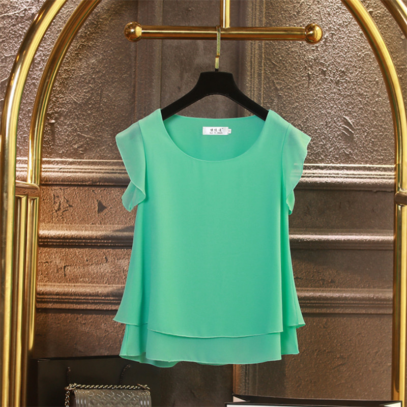 Modes zīmols Sieviešu blūze ar īsām piedurknēm Vasaras šifona krekli Caurspīdīga O veida kakla gadījuma blūze Liela izmēra 6XL Brīvi sieviešu topi