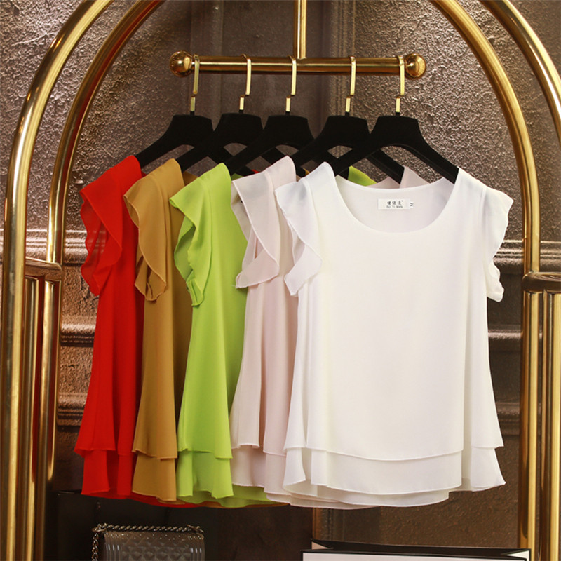 Modes zīmols Sieviešu blūze ar īsām piedurknēm Vasaras šifona krekli Caurspīdīga O veida kakla gadījuma blūze Liela izmēra 6XL Brīvi sieviešu topi