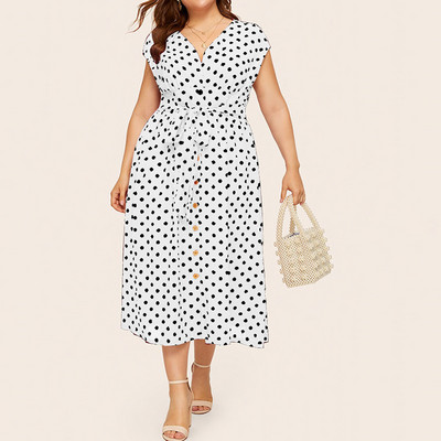 Rochie boemă cu decolteu în V cu buline mozaic cu mânecă scurtă pentru femei de vară ocazional vacanță cu șireturi în talie rochie lungă de mărime mare